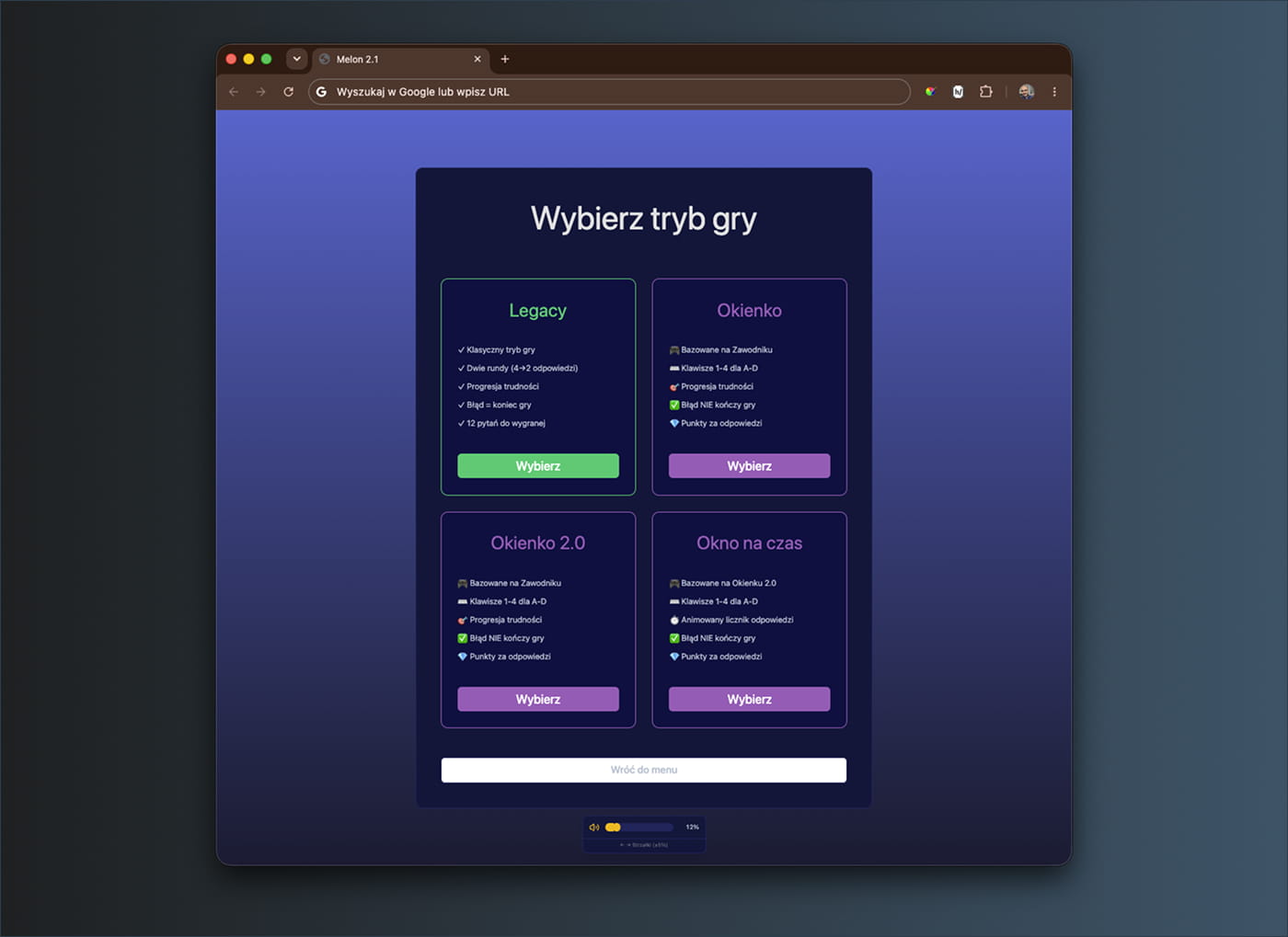 Wybór trybu - autorski program (vibe coding)