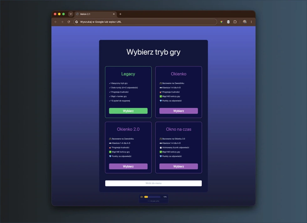 Wybór trybu - autorski program (vibe coding)